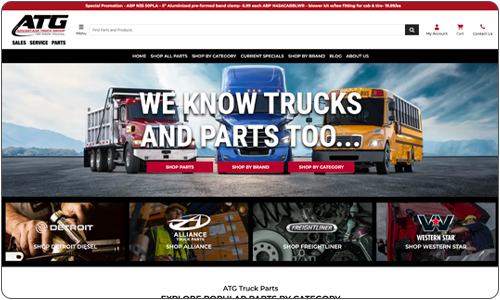 Trucks and buses parked in a service parts setting.