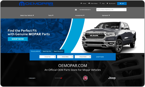 Mopar website interface showcasing RAM truck and parts selection.