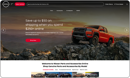 Nissan truck on rocky terrain with promotional shipping offer text.