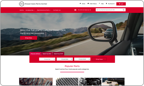 Nissan Auto Parts Center interface preview with parts and accessories options.