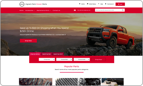 Nissan parts website interface showcasing a red truck and promotional banner.