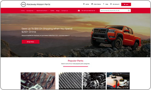 Nissan vehicle on rocky terrain with parts promotion and website layout.