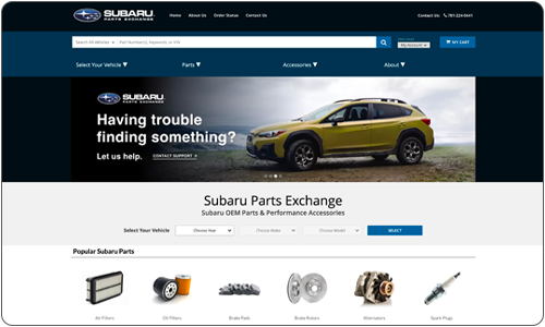Subaru Parts Exchange interface with vehicle selection and popular parts.