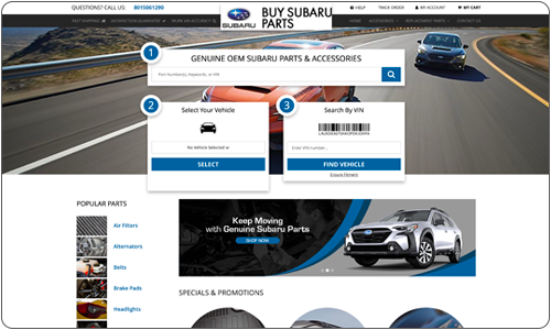 Subaru parts and accessories interface with vehicle selection options.